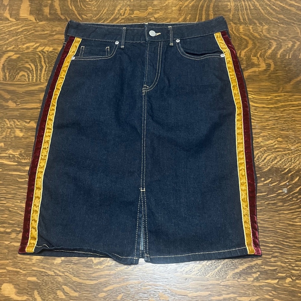 Pepe Jeans London Denim Skirt Womens 30 Dark Blue Velvet Side Stripe Slit